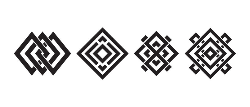 Geometric patterns, Celtic knot inspired diamond shapes, abstract symbol collection on white background.