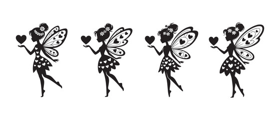 Obraz premium Silhouette Fairies Holding Hearts, Whimsical Butterfly Wings, Decorative Skirts with Heart Patterns.