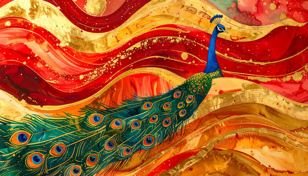 Festive background with peacock feather details blending into rich red and golden paint texture Indian celebration backdrop for invitation greeting card wedding poster luxury decorative use