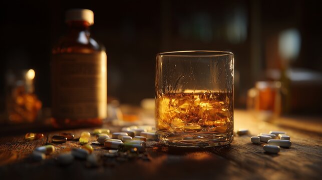 Whiskey glass with amber liquid, scattered pill bottle and pill on wooden table symbolizing drug misuse and addiction treatment.