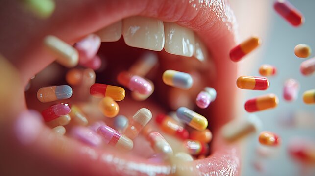 Open mouth with falling capsule and pill indicating medication therapy for drugs of abuse, treatment, misuse and addiction management.
