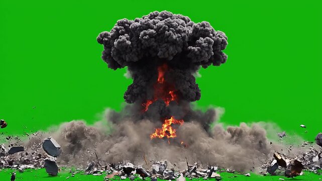 Massive Atomic Bomb Style Ground Explosion with Debris, Fire, and Mushroom Cloud on Green Screen