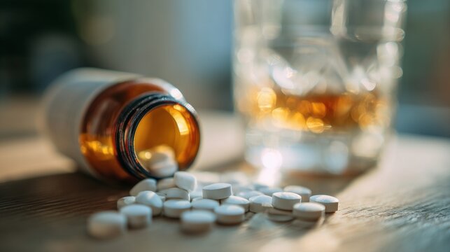 Pill bottle spilled with white tablet on wood near a glass of liquor &acirc;&euro;&rdquo; depiction of drug misuse, addiction, treatment need and overdose risk.