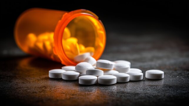 Prescription pill bottle tipped over with white tablets spilling out, symbolizing drug misuse, overdose risk, and need for addiction treatment.