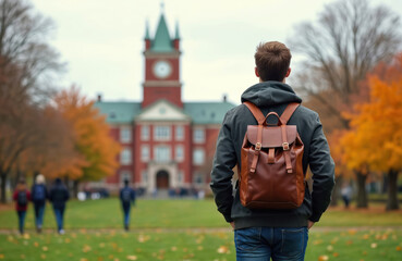 Fototapeta premium Young man with leather backpack walks on campus lawn. Autumn trees display bright orange leaves near red university building. Students walk in background during fall.