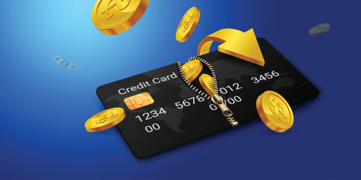 Cashback and money savings concept with 3D credit card zipper opening with gold coins and return arrow, financial refund, online banking reward and digital investment illustration.