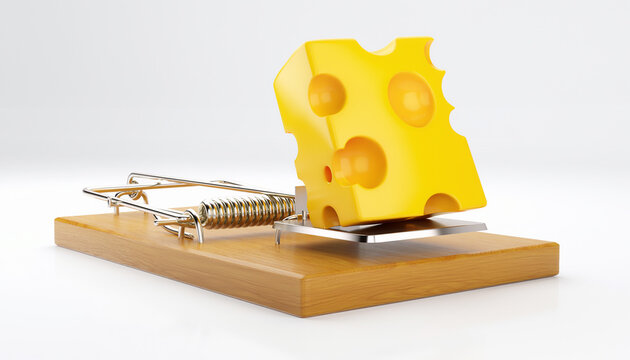 Mousetrap baited with a piece of swiss cheese for pest control concept. Ideal for exterminator services or rodent prevention.