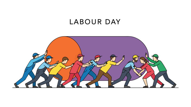 Labour Day Solidarity: A line of hardworking individuals pushing a colossal sphere, symbolizing the collective effort and dedication of workers celebrated on Labour Day.