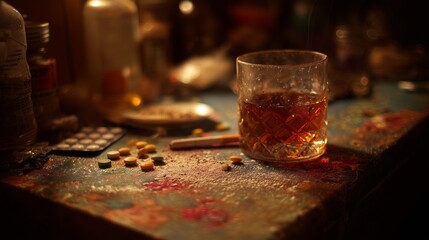 Glass of liquor, scattered pill, blister pack and tablet on cluttered surface symbolizing drug misuse, addiction, treatment and overdose risk.