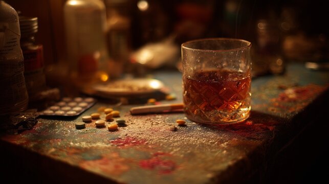 Glass of liquor, scattered pill, blister pack and tablet on cluttered surface symbolizing drug misuse, addiction, treatment and overdose risk.