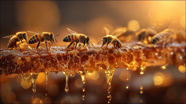 A group of bees are gathered on a honeycomb with dripping honey in a warm and natural setting.