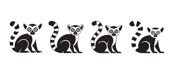 Set of Four Stylized Ring-Tailed Lemur Icons in Black and White Sitting on a Clean White Background, Minimalist Graphic Design Element. © NadimStoker