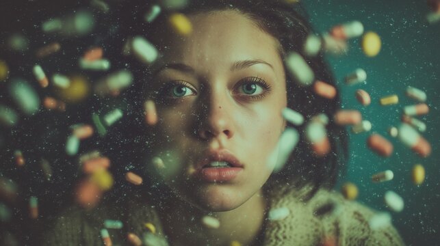 Young person with scattered pill near face, conveying medication therapy and drug abuse risk and emotional distress.
