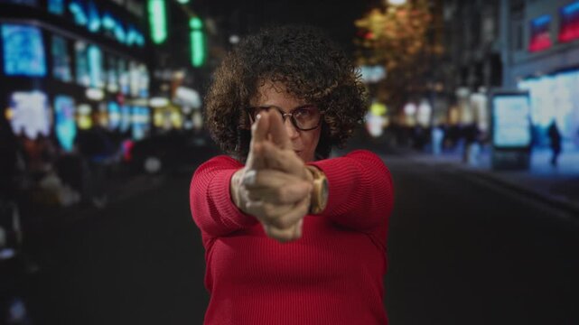 Woman in red sweater wearing glasses holds hands as finger gun gesture on city street at night; determination.