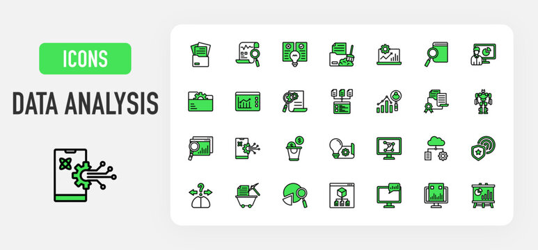Data Analysis icon. Data Collection, Audit, Hypothesis, Data Cleaning, Result, Research, Data Engineer, Integration, Prediction, Modeling, Insight, Qualified, Robotic, Analysis, Data Science vector. 