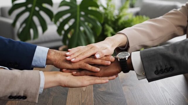 Corporate team joining hands together in circle formation, symbolizing partnership, engagement, and strong collaboration for achieving business goals in a professional office.