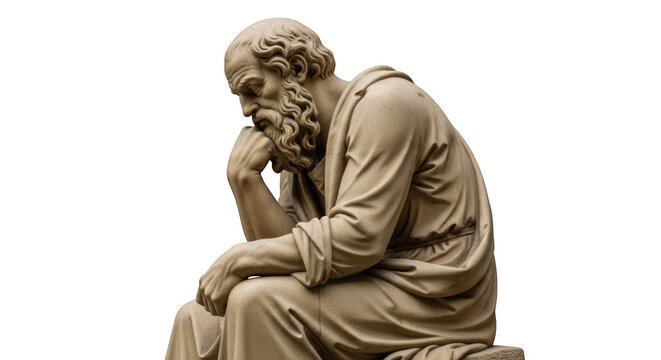 Statue of a pensive bearded philosopher sitting in deep thought isolated on transparent background