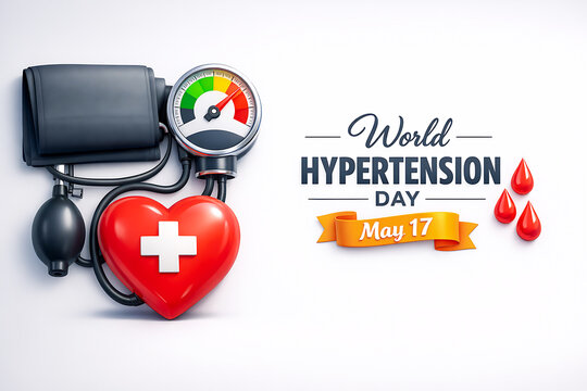A medical illustration for World Hypertension Day on May 17th with a blood pressure cuff and a red heart