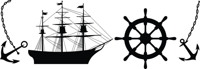 Nautical silhouettes collection, anchor with chain, sailing ship, ship wheel, maritime vector icons, sea transport design, black silhouette illustration © MstGeasmin