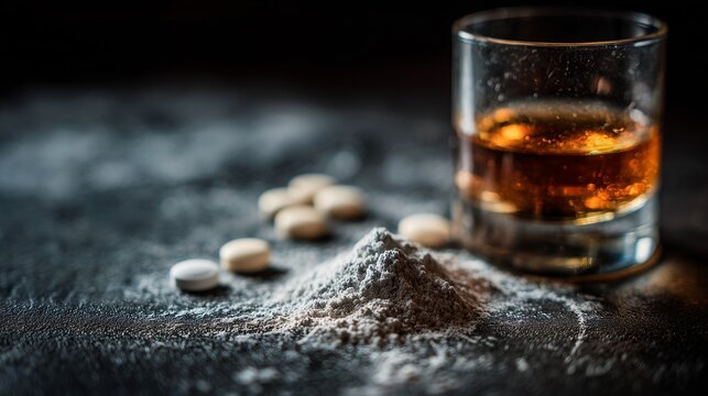Glass of alcohol, scattered pill and powder pile symbolizing detox program for drug addiction and the journey from substance use to recovery.