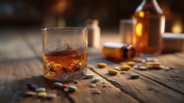 Glass of whiskey, pill bottle and scattered pill next to liquor bottle on wooden table symbolizing detox program for drug addiction and need for medical intervention.