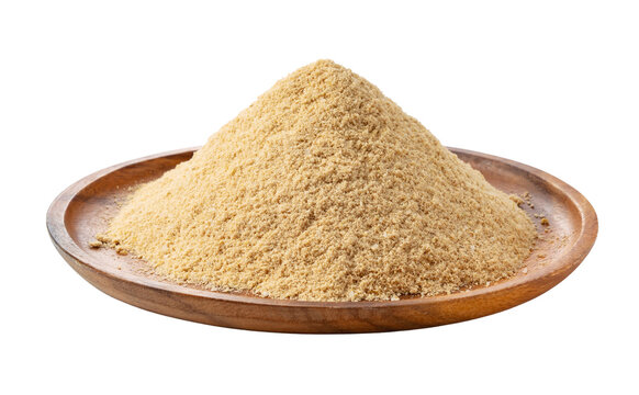 Fresh rice bran (Komenuka) powder in a wooden plate isolated on white background