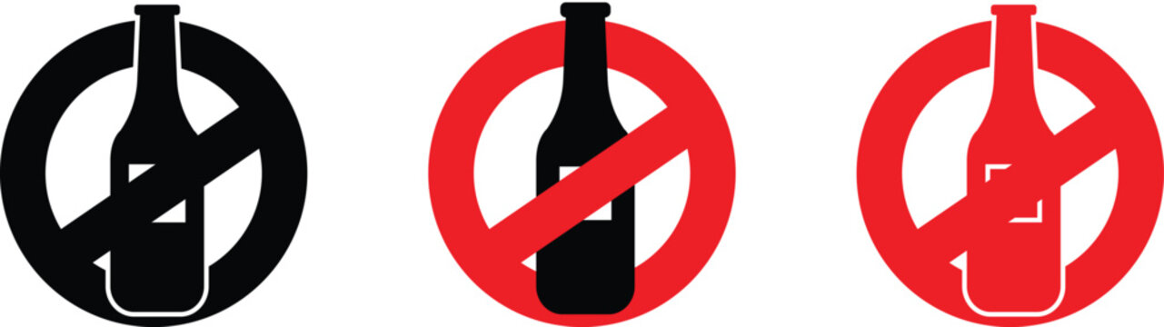 No alcohol prohibition sign illustration featuring a bottle silhouette crossed by a diagonal line inside a circular border.