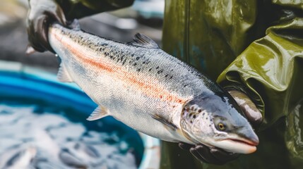 A fish farm worker holding a salmon fish.