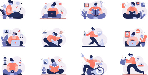 Fototapeta premium Diverse individuals engage in various focused activities, illustrating productive lifestyles
