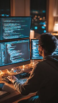 An IT developer works online, from a home office, coding screens for applications, software, and firmware