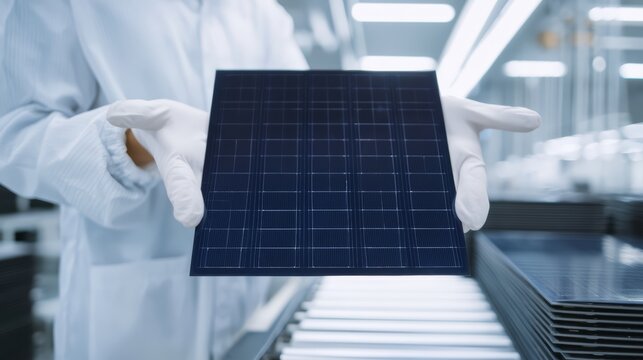 Solar technician holding a monocrystalline solar cell thin square wafer.