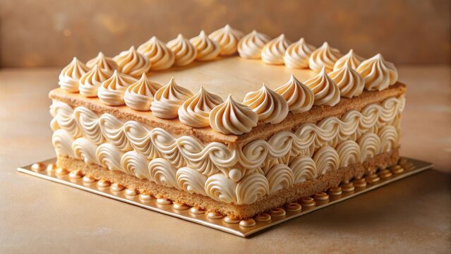 Elegant Square Cake with Swirled and Piped Frosting on a Golden Base