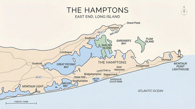 Map of the hamptons on long island, perfect for travel guides, real estate listings, tourism brochures, and regional publications.
