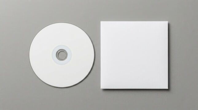 A blank white cd disc and a square case are placed side-by-side on a plain gray background, presented in a clean, minimalist, top-down studio shot.