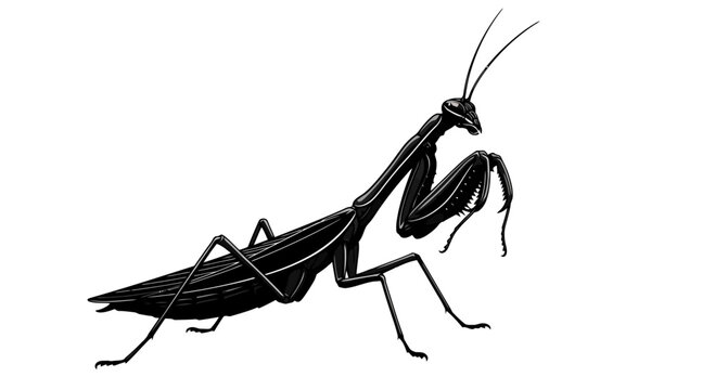 A black praying mantis standing on a in a threatening stance