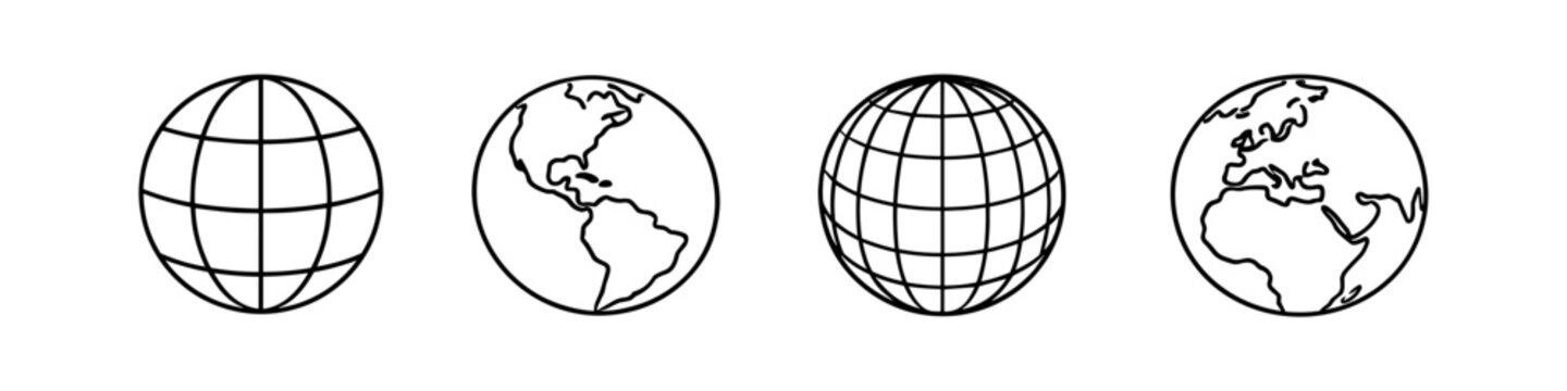 Set of four simple line art globes representing Earth and its continents