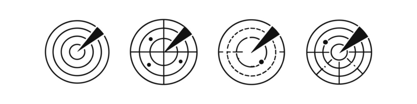 Collection of four different radar screen icons with targets and signals