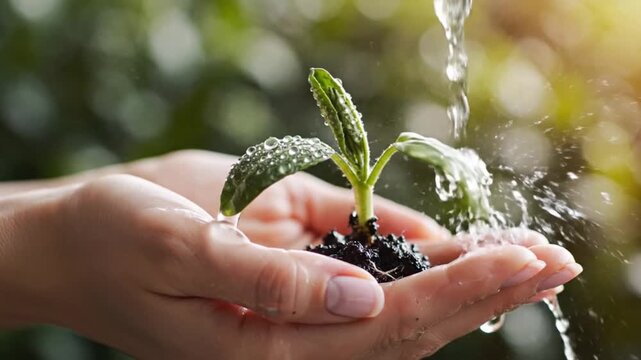 Slow motion macro shot of a young plant being nurtured by female hands with water droplets falling on leaves. Symbol of environmental protection, sustainable future, zero waste lifestyle, and green ec