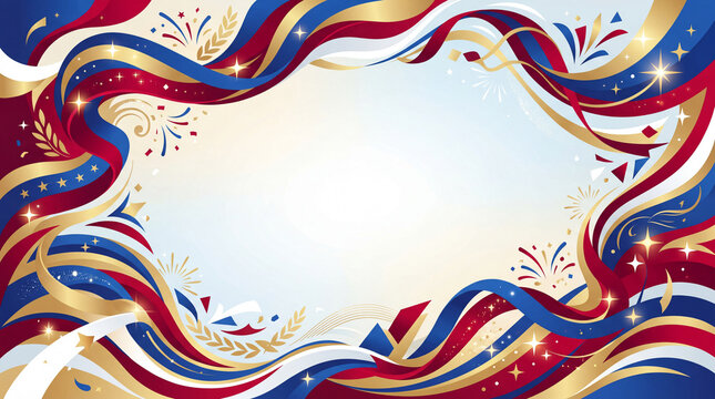 Patriotic border with swirling ribbons, stars and fireworks is perfect for fourth of july event promotions or patriotic themed designs.