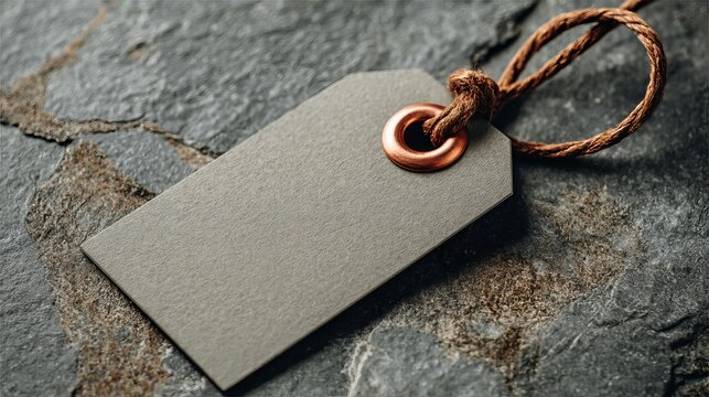 A blank gray tag with a brown string lies on a rough stone surface