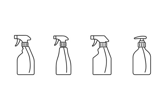 Collection of different spray bottles and a pump dispenser in a line
