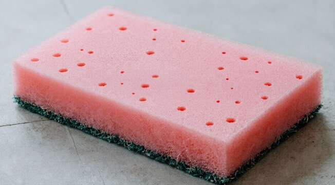Pink rectangular sponge with irregular holes. Household cleaning scrubber with green abrasive pad. Dual layer foam tool on stone surface