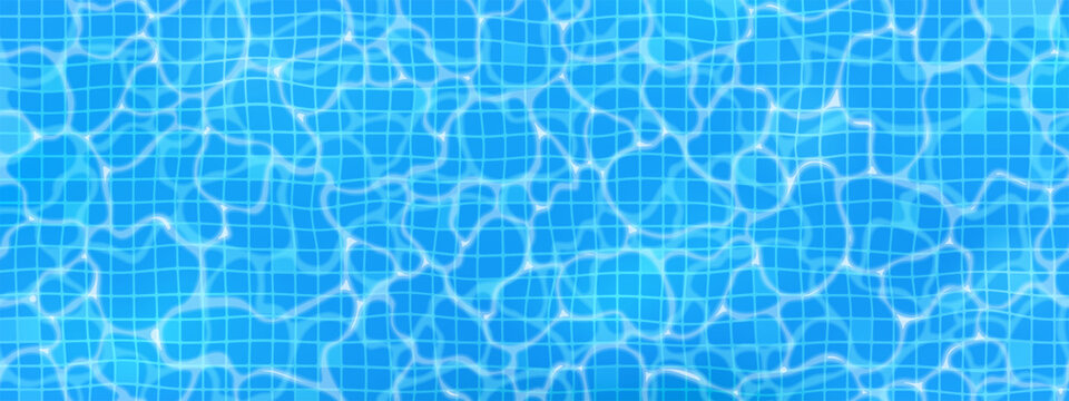 Ripple water texture in the swimming pool. Water surface. Blue tiles, mosaic. Top view.