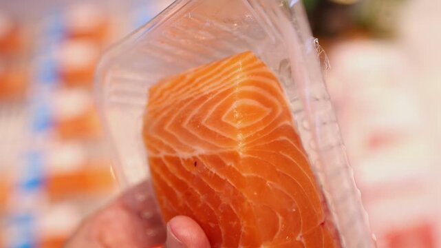 Close up of a hand holding a plastic container of fresh salmon fillet in a supermarket. Customer choosing organic raw fish meat in a store. Healthy nutrition and omega sea food diet.