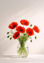 Fototapeta premium Bouquet of red poppy flowers in a clear glass vase on a light background. Minimal floral composition with soft natural light, elegance and copy space.
