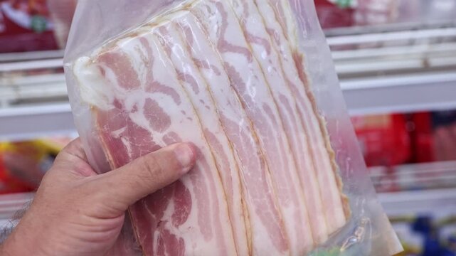 Close up of a hand holding a vacuum pack of sliced bacon in a supermarket. Customer choosing pork meat product in a store. Breakfast ingredient and processed food consumption.