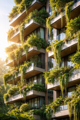 Fototapeta premium Modern building with lush greenery on balconies in sunlight