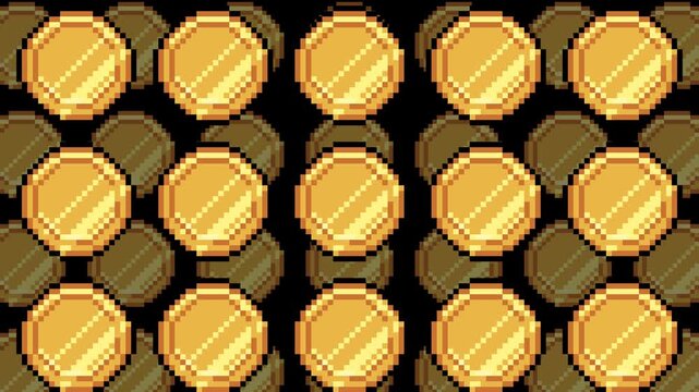 Pixel art endless animation of gold coins falling in layered pattern with light sweep highlights. Smooth motion creates depth and repeating background for game or finance themes.
