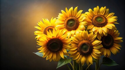 Obraz premium Vibrant Sunflowers Illuminated Against a Dark Background, a Study in Golden Hues and Natural Beauty