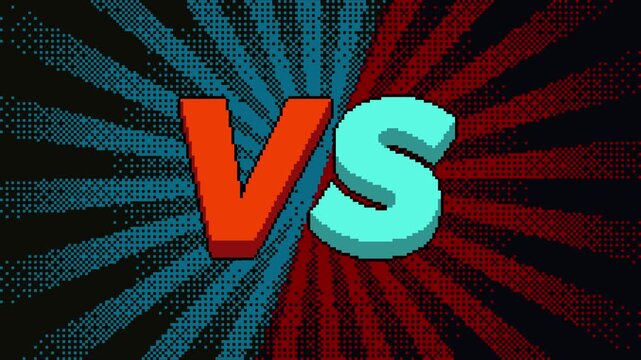Retro pixel versus screen with rotating radial rays and bold VS text. Dynamic motion creates energetic competitive atmosphere for gaming themed backgrounds. Seamless loop animation.